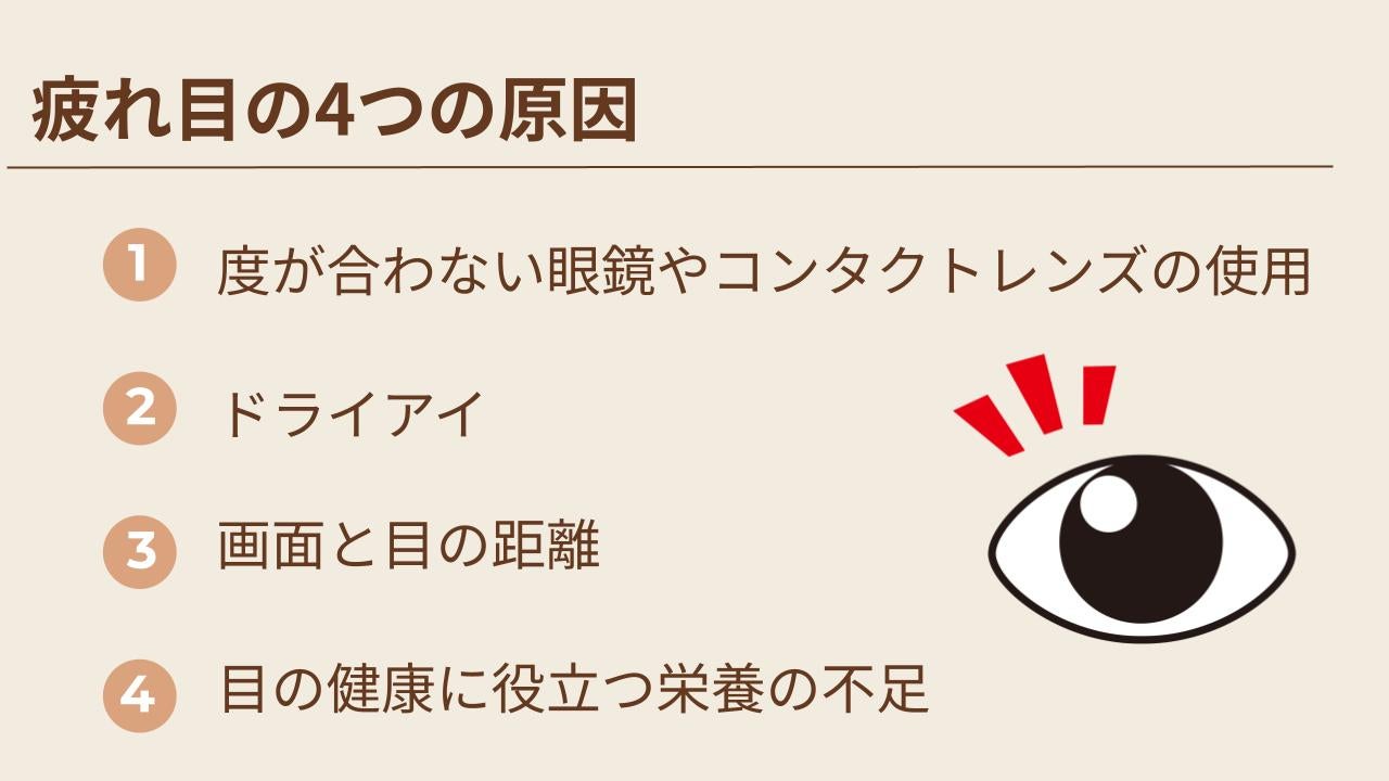 疲れ目の4つの原因と対策を紹介。