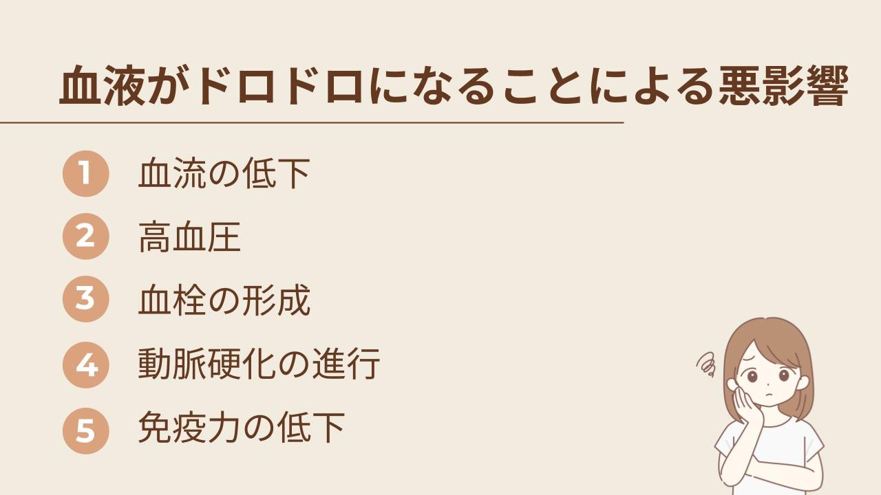 血流の低下、高血圧、血栓の形成、動脈硬化の進行、免疫力の低下