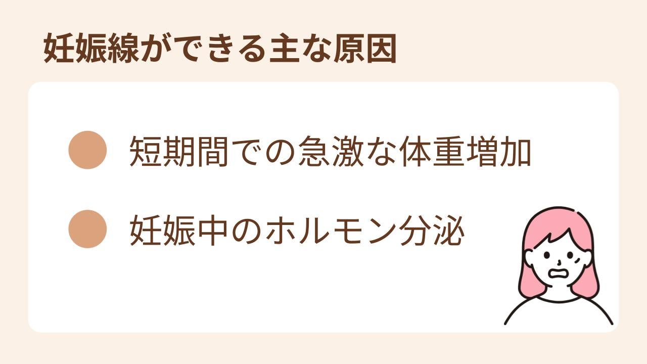 妊娠線ができる主な原因は、短期間での急激な体重増加、妊娠中のホルモン分泌