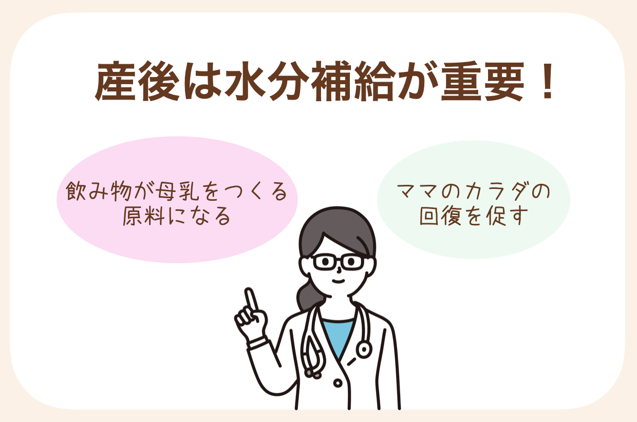 産後の水分摂取は、母乳をつくる原料になる、ママのカラダの回復を促す
