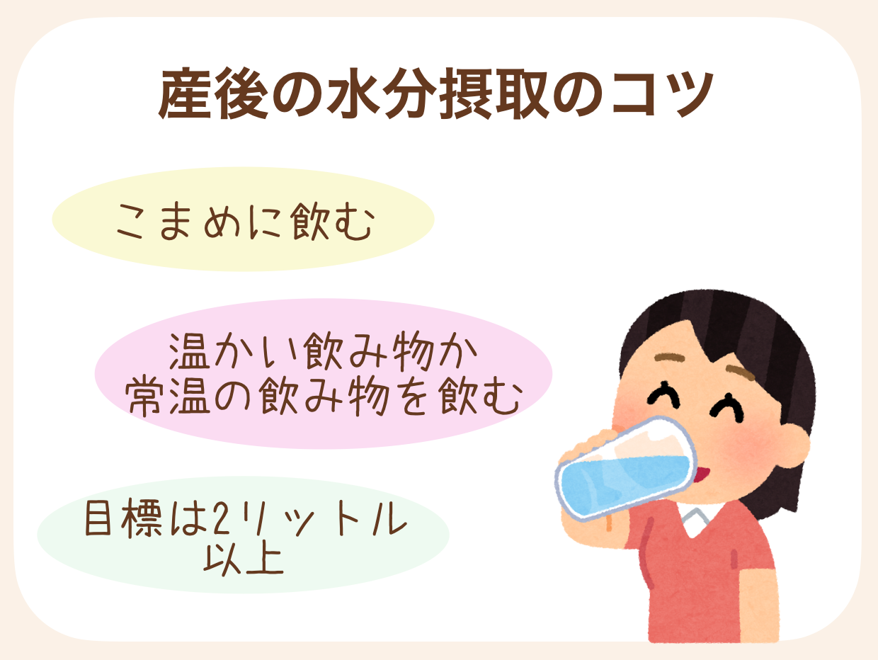 こまめに飲む、温かい飲み物か常温の飲み物を飲む、目標は2リットル以上