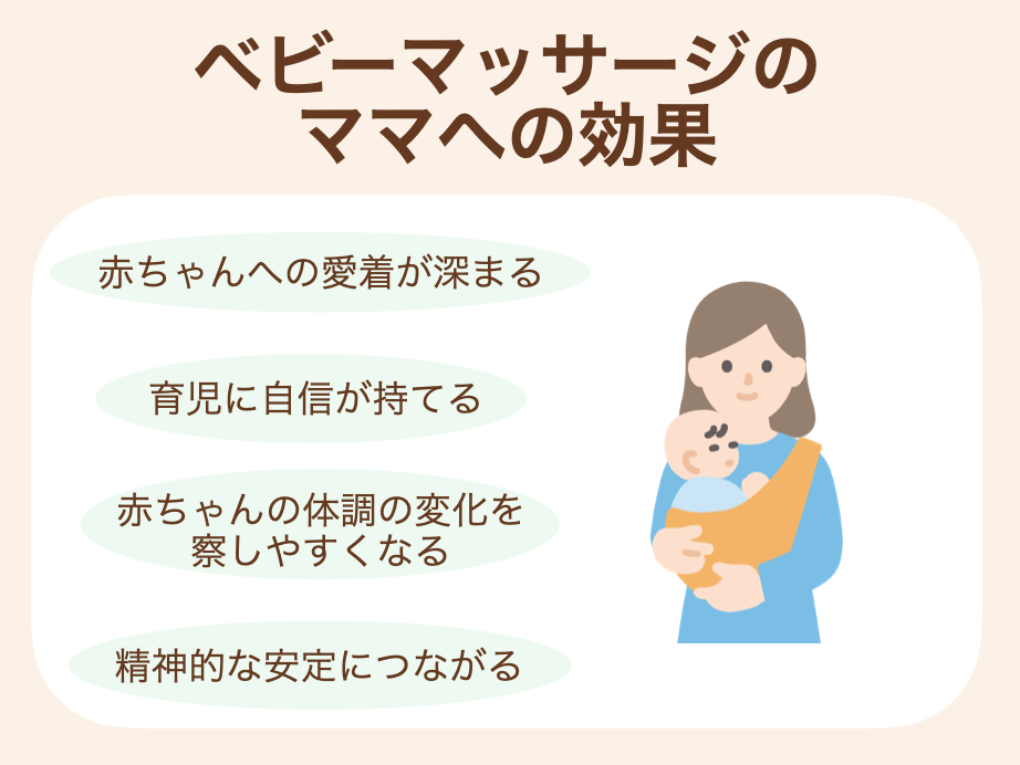 赤ちゃんへの愛着が深まる、育児に自信が持てる、赤ちゃんの体調の変化を察しやすくなる、精神的な安定につながる