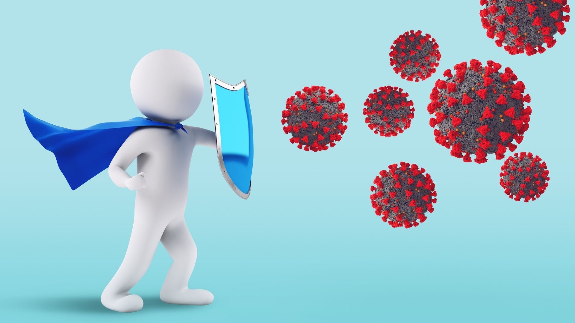 ウイルスと、シールドを持った男の子が戦っています