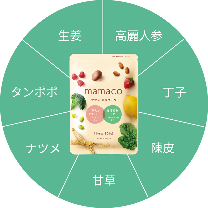 mamacoに含まれる6つの和漢成分（高麗人参、丁子、陳皮、甘草、ナツメ、たんぽぽ、生姜）がママの育児疲れをサポート