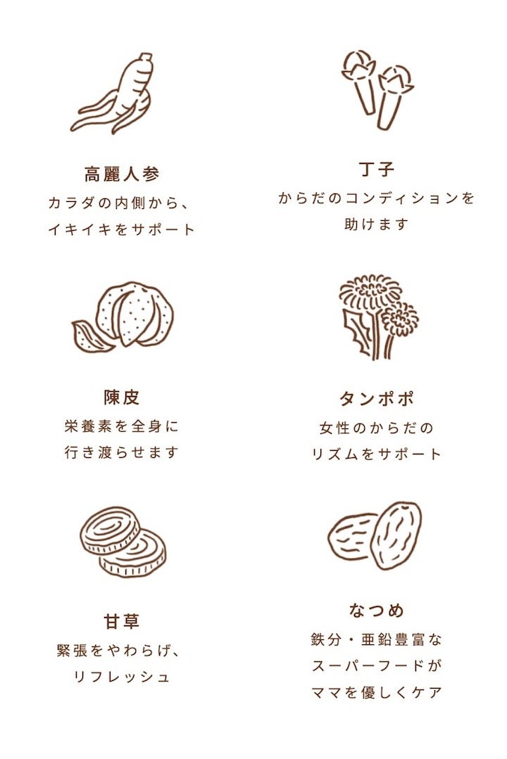 mamacoは高麗人参やナツメ、ショウガなどの和漢成分配合で、ママの健康と体調維持をサポートします。