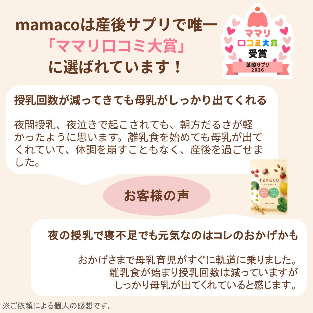 mamacoがママ向けアプリ「ママリ」が企画する全国の子育て家族が支持している商品・サービスを厳選して紹介する「ママリ口コミ大賞」にて産後専用サプリで唯一受賞！
