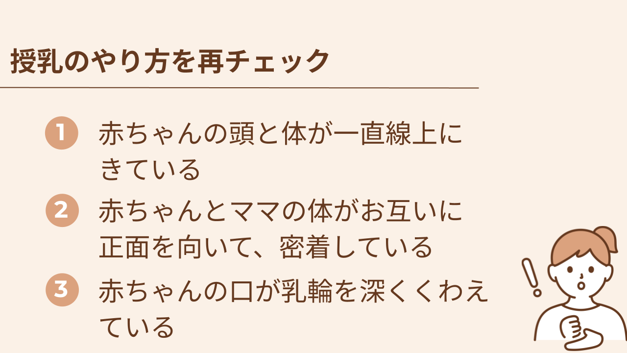 授乳の3つのポイントが守られているかを再度チェックしてみましょう。1.赤ちゃんの頭と体が一直線上にきている2.赤ちゃんとママの体がお互いに正面を向いて、密着している3.赤ちゃんの口が乳輪を深くくわえている