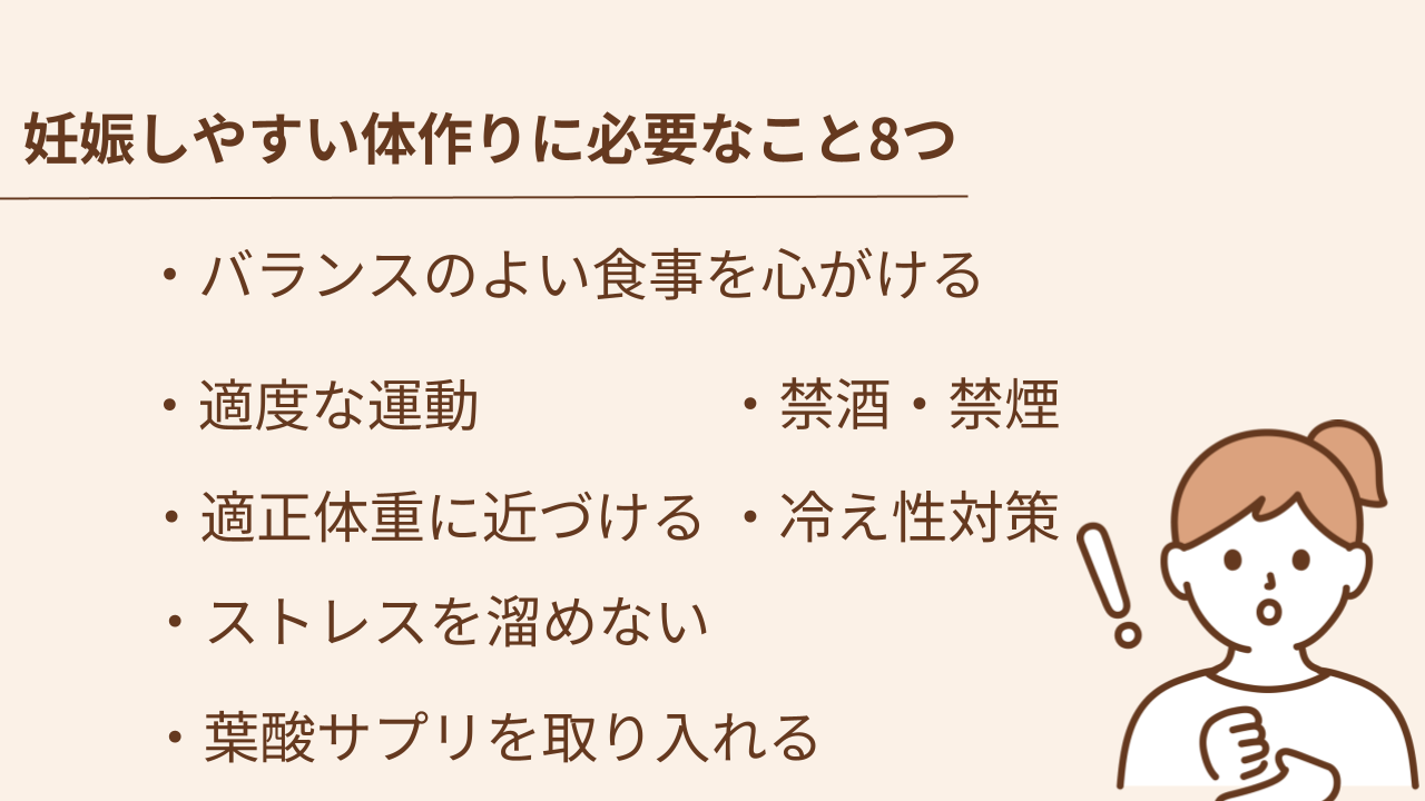 妊娠しやすい体作りに必要なのはバランスのよい食事を心がける、適度な運動、適正体重に近づける、禁酒・禁煙、ストレスを溜めない、冷え性対策、葉酸サプリを取り入れることです。