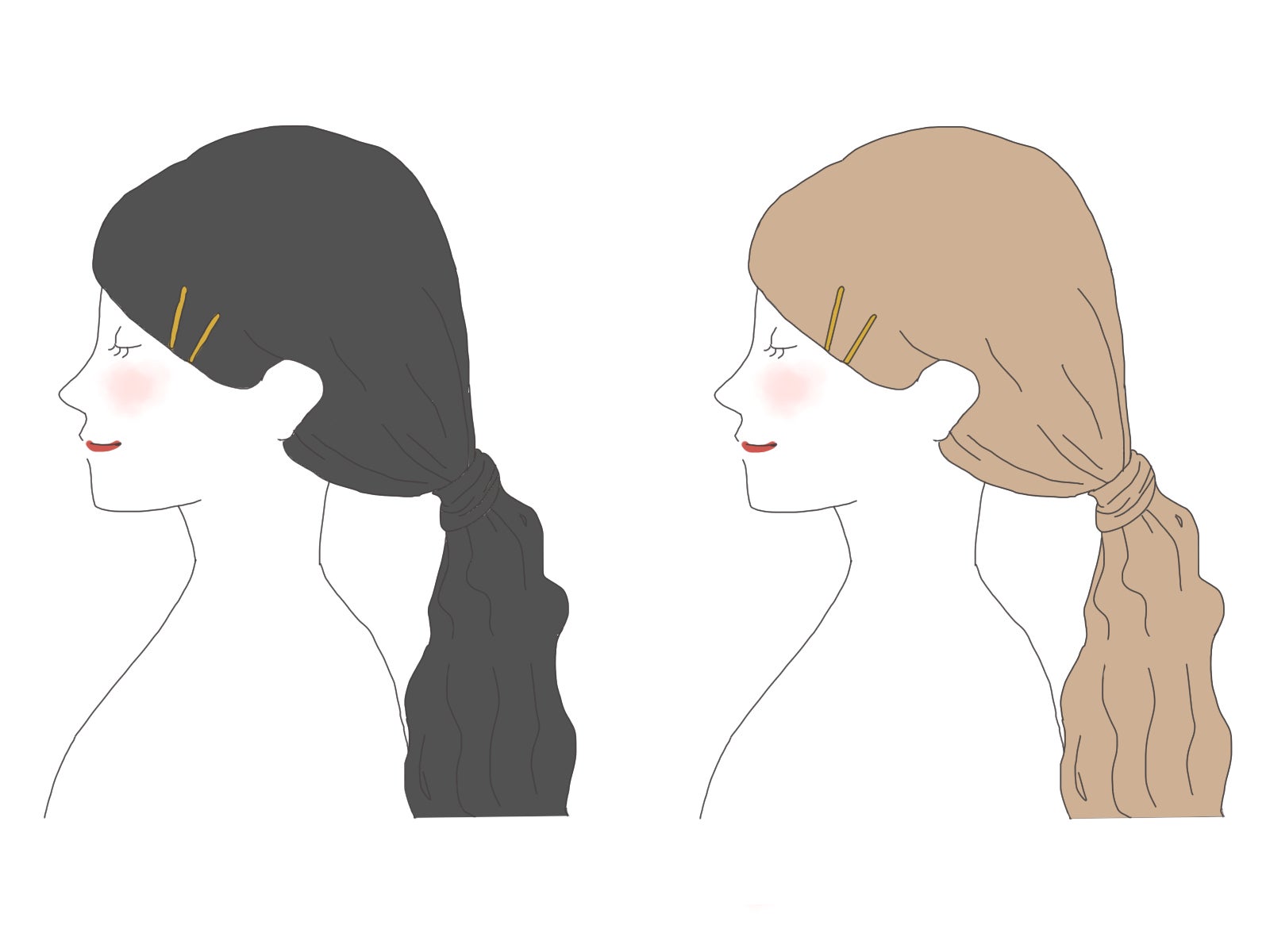 妊婦におすすめの髪に優しいヘアスタイル。黒髪と茶髪のイラストで、低負担な髪型を紹介。