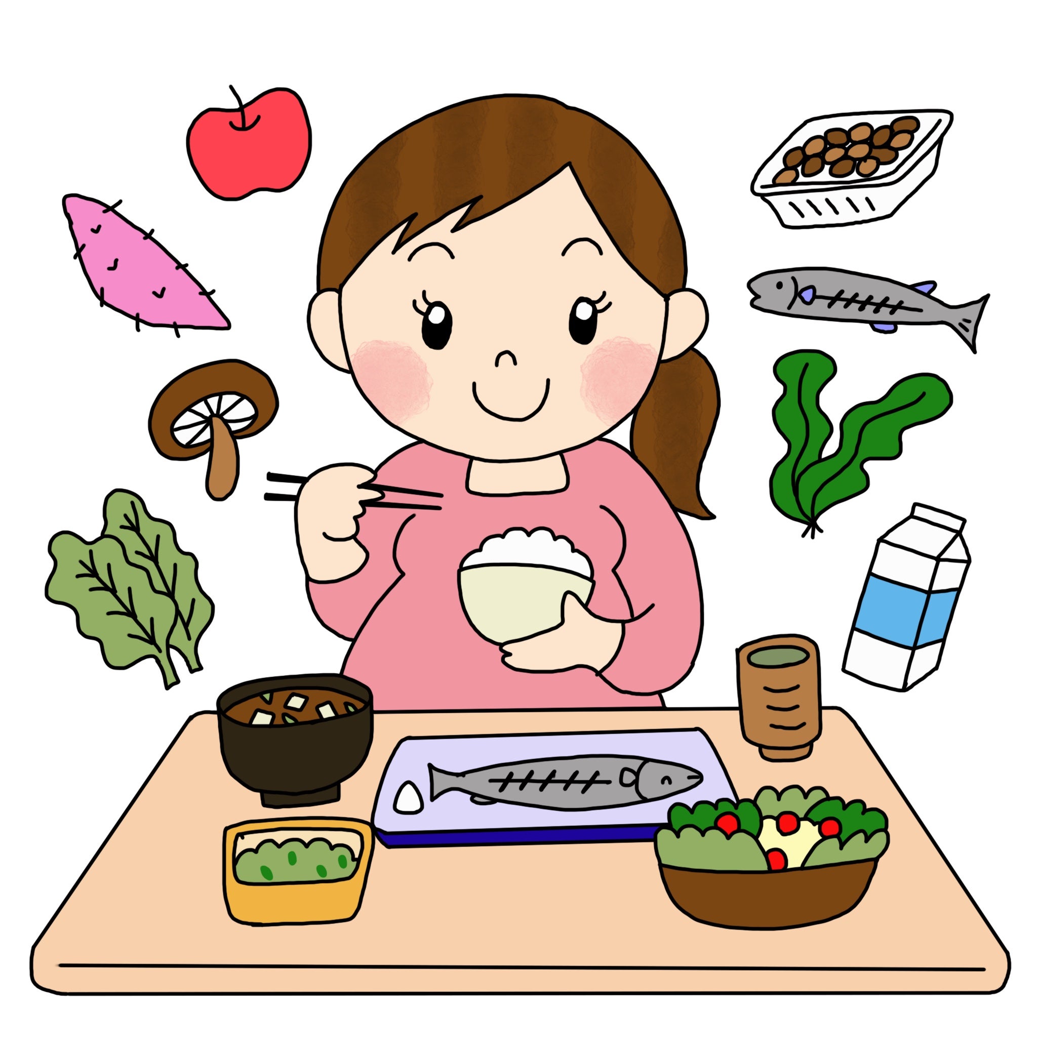 妊婦がバランスの取れた食事を摂っている様子。魚、野菜、納豆、牛乳、米、果物など栄養豊富な食材が描かれている。