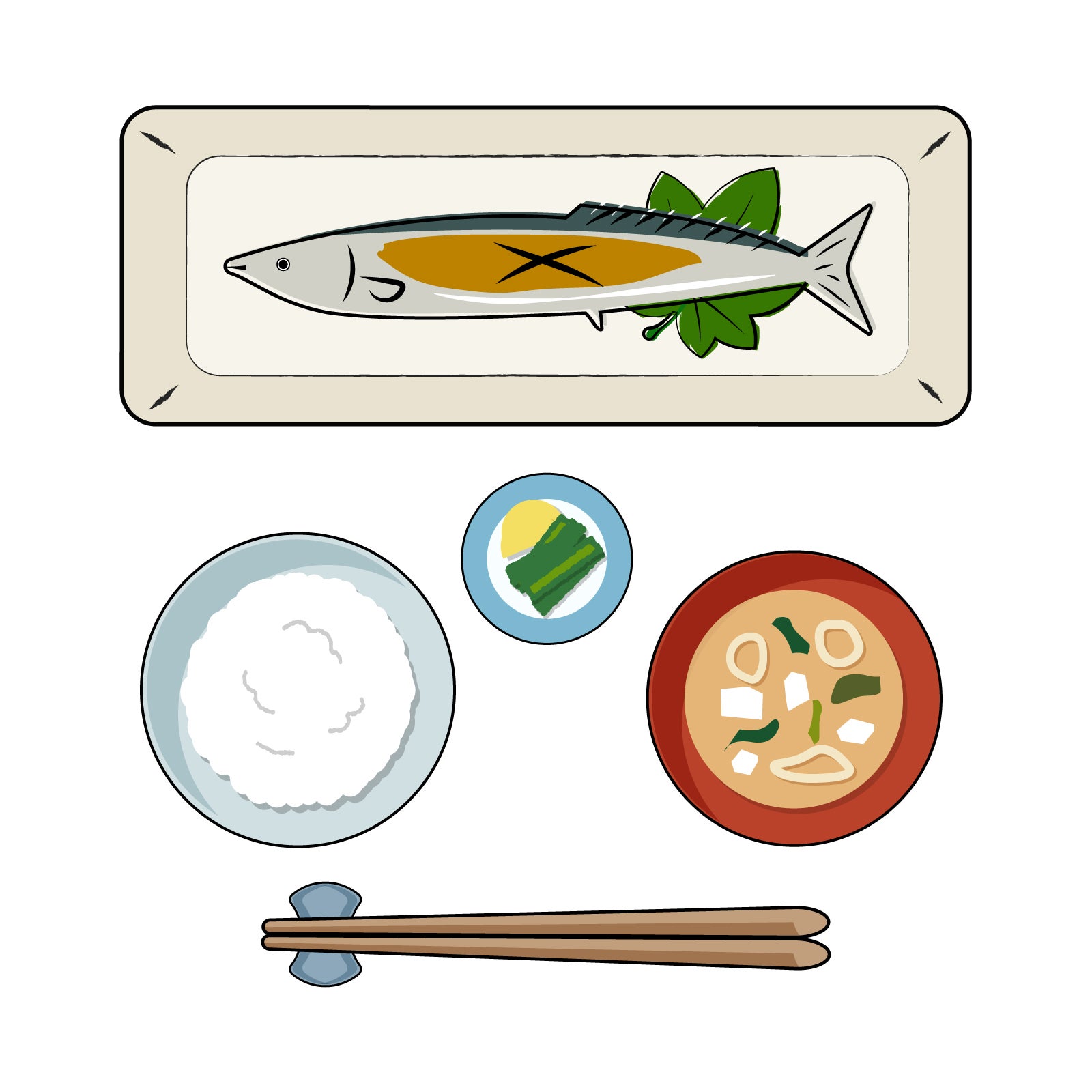 妊婦向けの健康的な食事セット。焼き魚、ご飯、味噌汁、野菜のおかずが並んでいるイラスト。