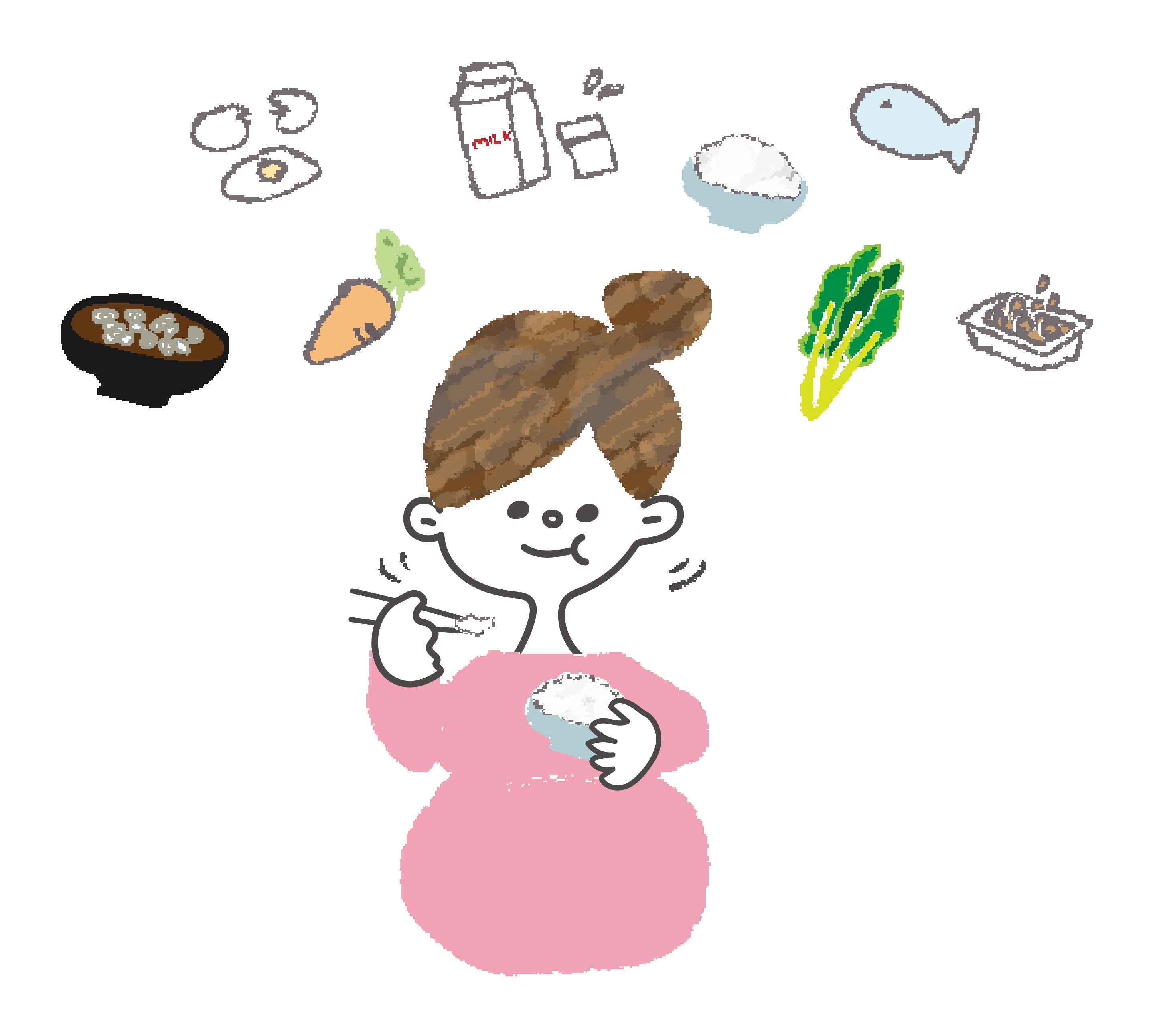 妊婦が栄養バランスの取れた食事を楽しんでいるイラスト。健康的な髪のために必要な食材(卵、魚、野菜、牛乳)が描かれている。