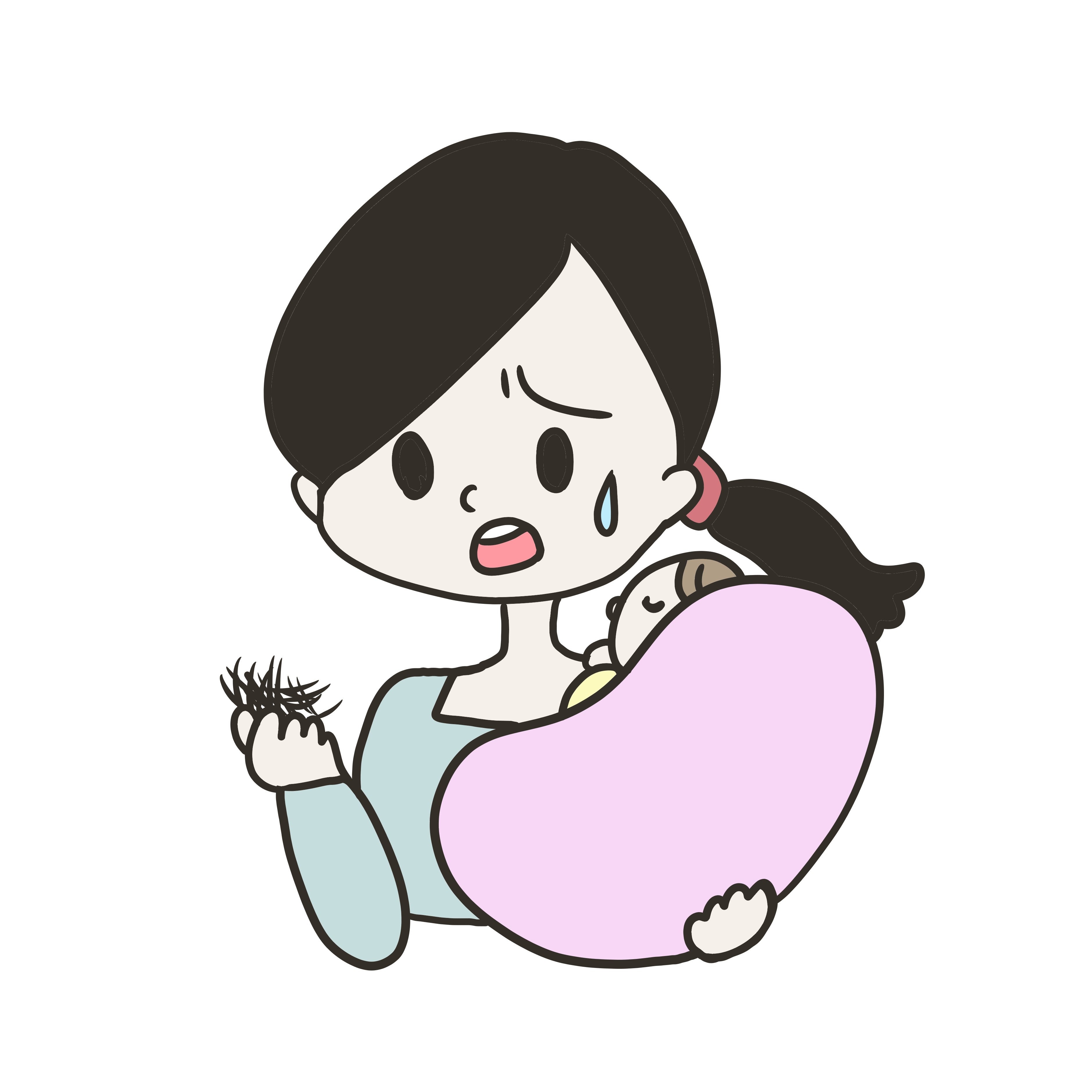 赤ちゃんを抱えた母親が産後の抜け毛に悩んでいる様子。抜けた髪を手に持ち、焦る表情。