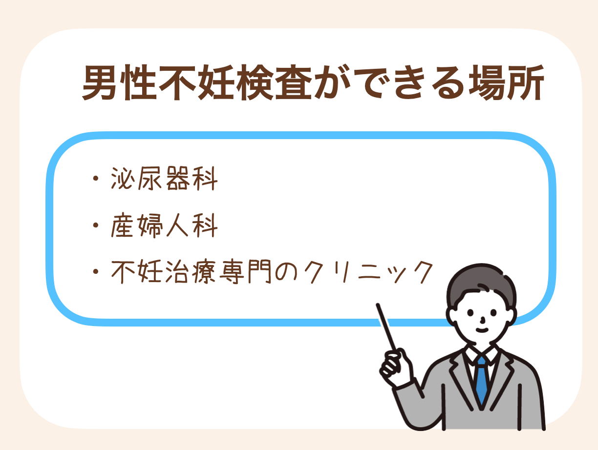 男性の不妊検査は、泌尿器科・産婦人科・不妊治療専門のクリニックで受けることができます