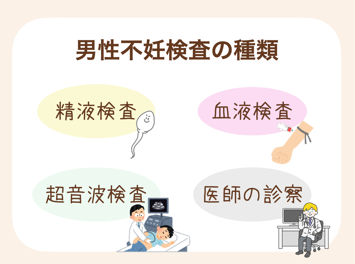 精液検査、血液検査、超音波検査、医師の診察