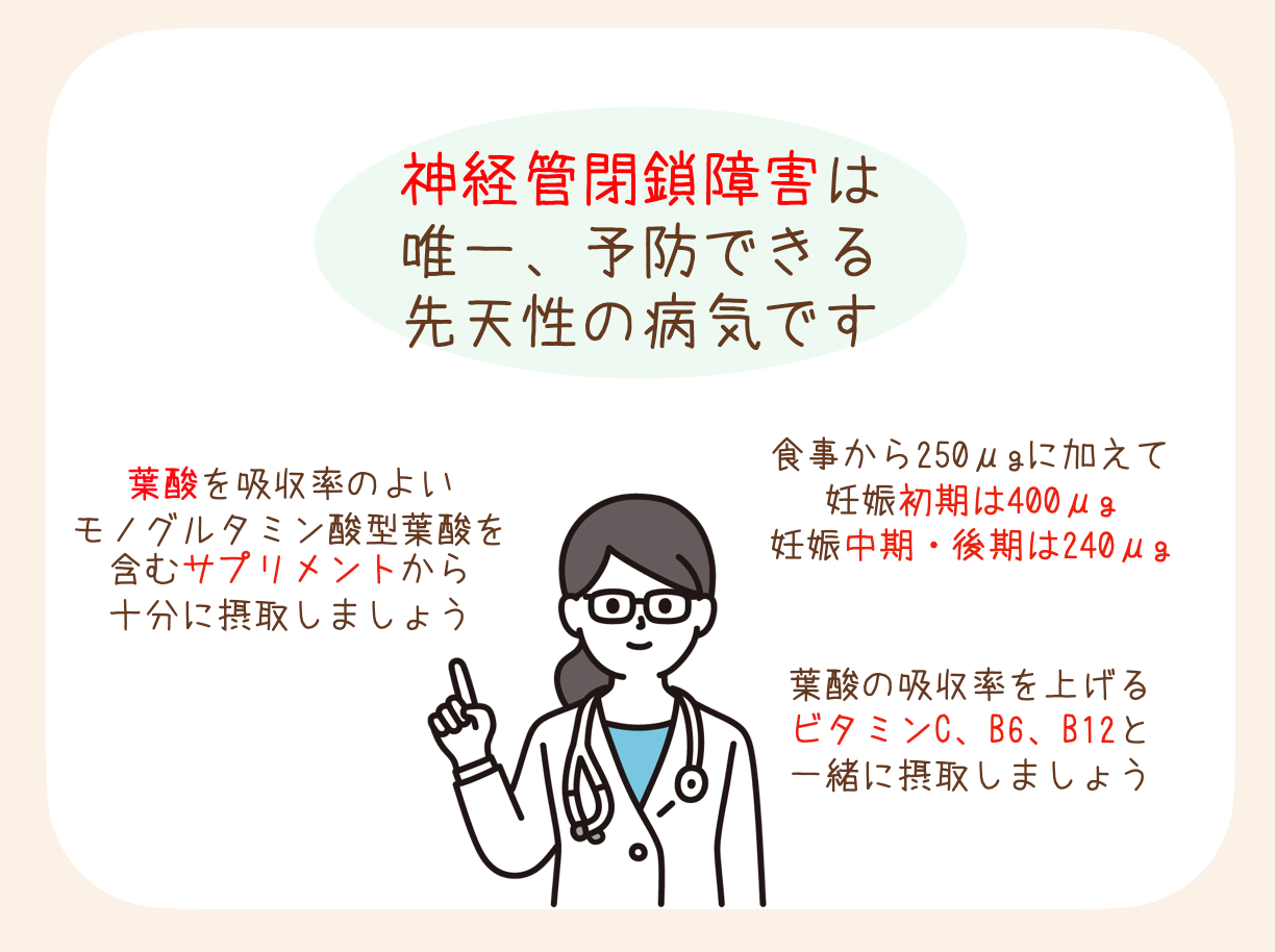 赤ちゃんがお腹の中ですでにかかっている先天性の病気の予防は、難しいことがほとんど。唯一、葉酸の摂取によって予防できるものが神経管閉鎖障害