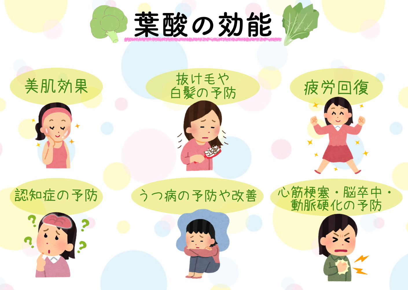 葉酸には美肌効果、抜け毛や白髪の予防、疲労回復、認知症の予防、うつ病の予防や改善、心筋梗塞や脳卒中の予防などの効能があります
