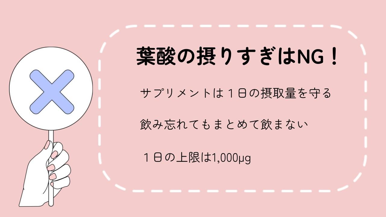 葉酸サプリは時期によって摂取量が異なるので飲み過ぎに注意。
