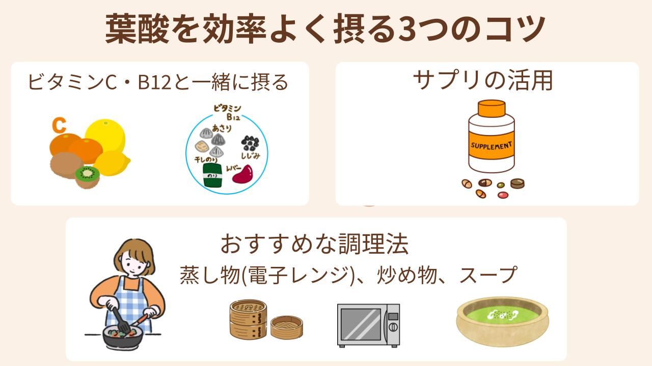 サプリの活用、調理法を意識する、ビタミンC・B12と一緒に摂る方法がある