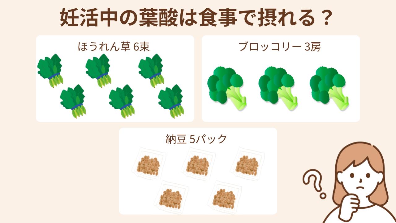 妊活中の葉酸を食事で摂る場合の目安量はほうれん草6束、ブロッコリー3房、納豆5パック