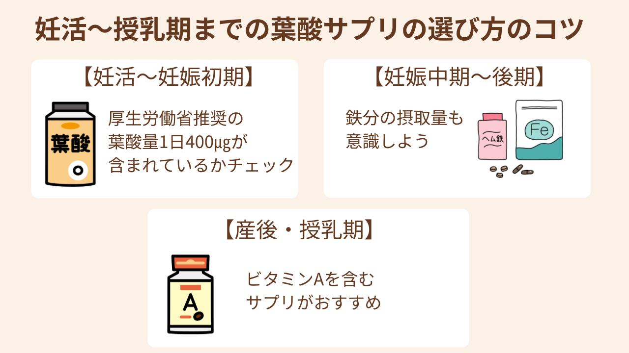 妊娠前から授乳期までの葉酸サプリを選ぶときは、それぞれの時期に必要な葉酸や鉄分、ビタミンAなどの栄養素がしっかり含まれているかを確認すると良いでしょう。