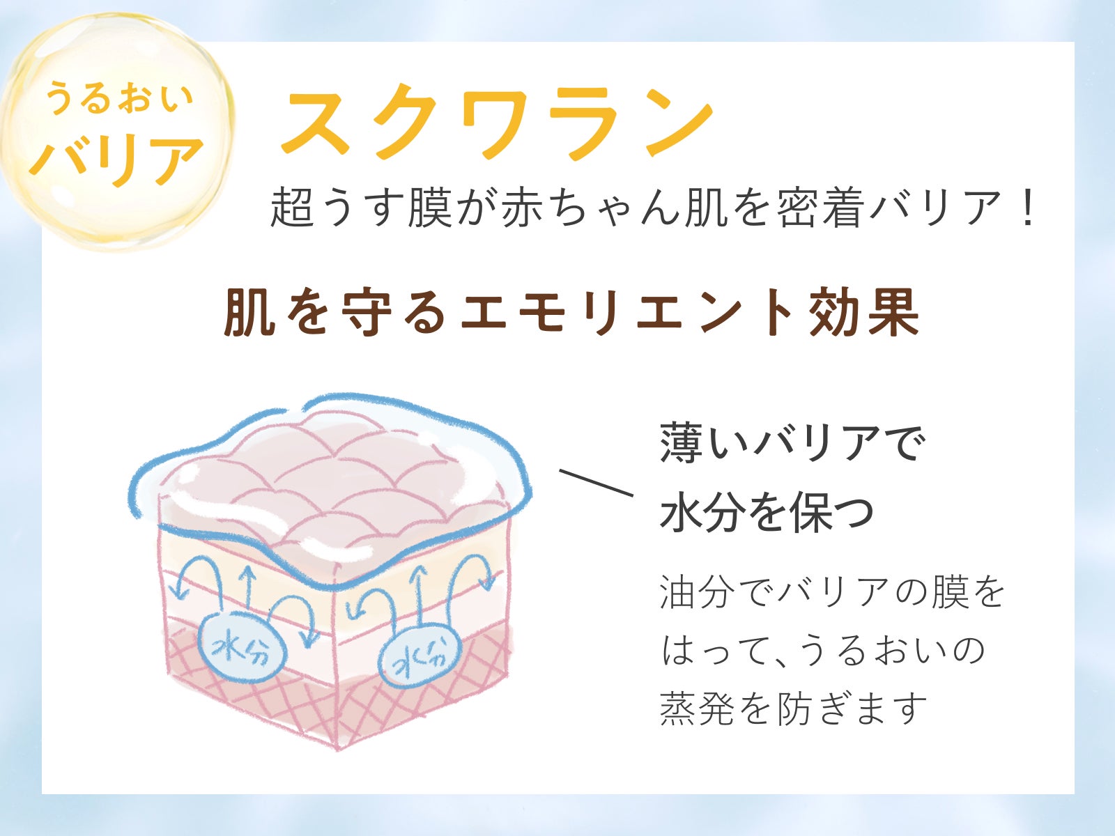 miteraベビーローションにはスクワランが配合されているので、赤ちゃん肌をやさしく守るエモリエント効果が期待できます