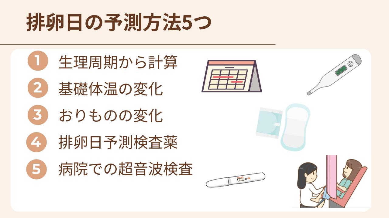 基礎体温の測定、生理周期から計算、おりものの変化。排卵日予測検査薬、病院で超音波検査など