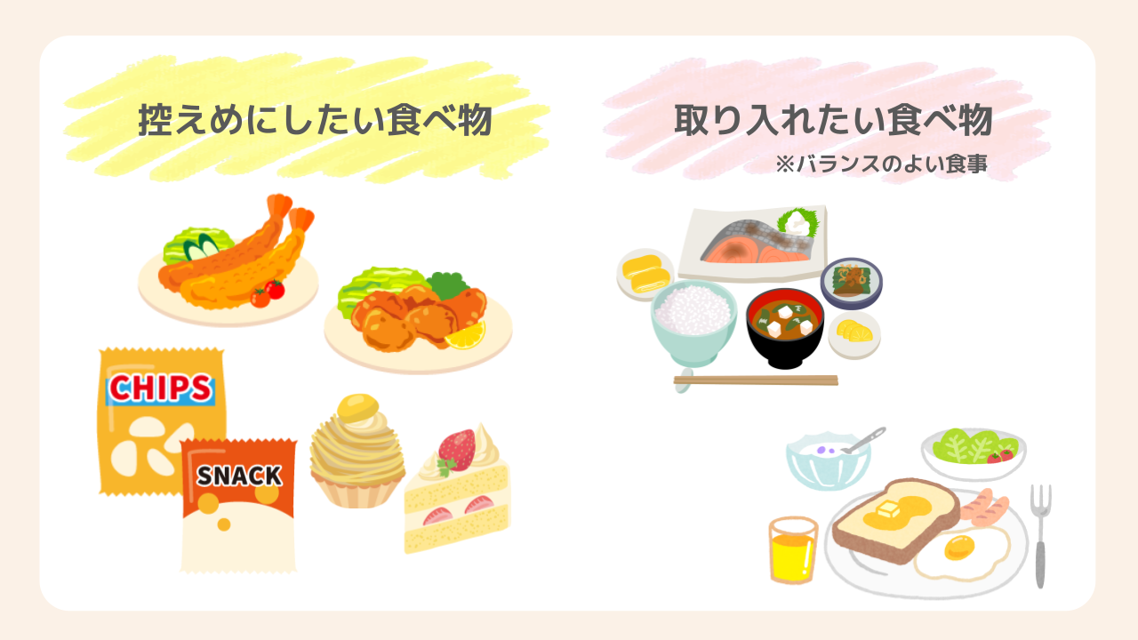 乳腺炎予防のための「控えめにしたい」「取り入れたい」食べ物に意識したい食べ物
