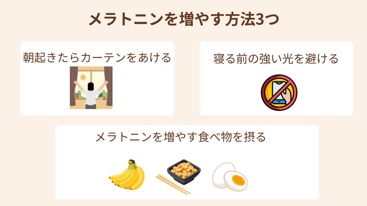 カーテンをあける、寝る前の強い光さける、メラトニンを増やす食べ物をとる