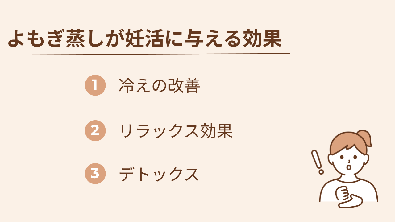 よもぎ蒸しが妊活に与える効果は、冷えの改善・リラックス効果・デトックスの3つです。