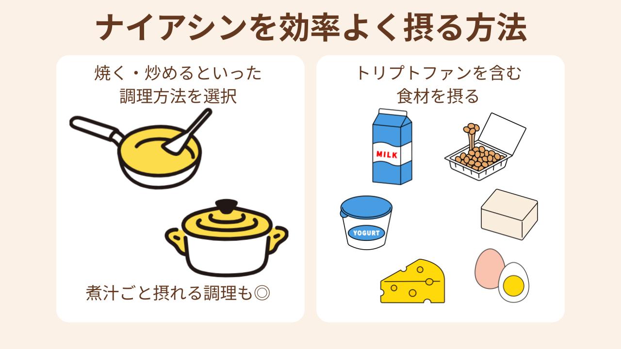 ナイアシンを効率よく摂るには、焼く・炒めるといった調理方法や、トリプトファンを含む食材を一緒に摂ることがポイント