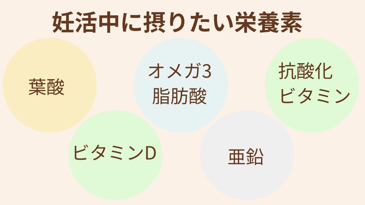 葉酸、ビタミンD、オメガ3脂肪酸、亜鉛、抗酸化ビタミン