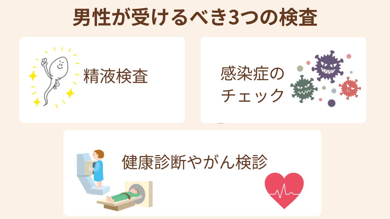 男性が妊活中に受けるべき検査は、精液検査、感染症のチェック、健康診断やがん検診などがある