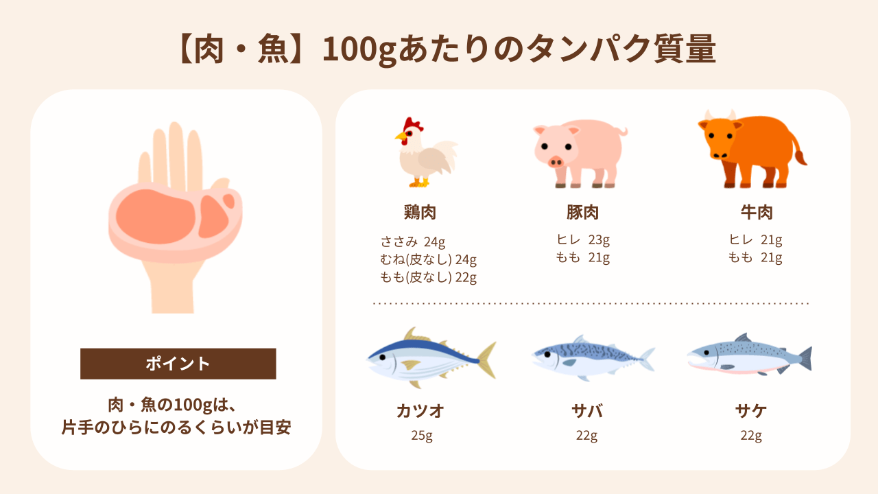 ポイント：肉・魚の100gは、 片手のひらにのるくらいが目安