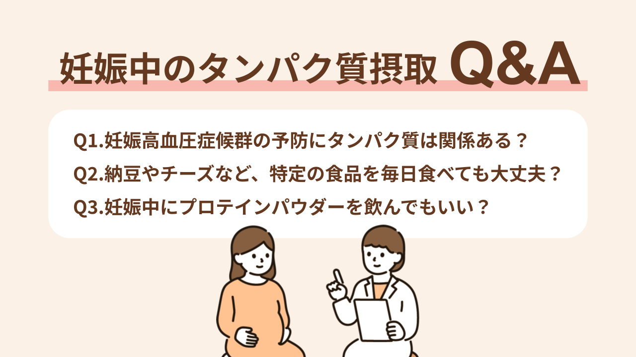 Q1.妊娠高血圧症候群の予防にタンパク質は関係ある？ Q2.納豆やチーズなど、特定の食品を毎日食べても大丈夫？ Q3.妊娠中にプロテインパウダーを飲んでもいい？