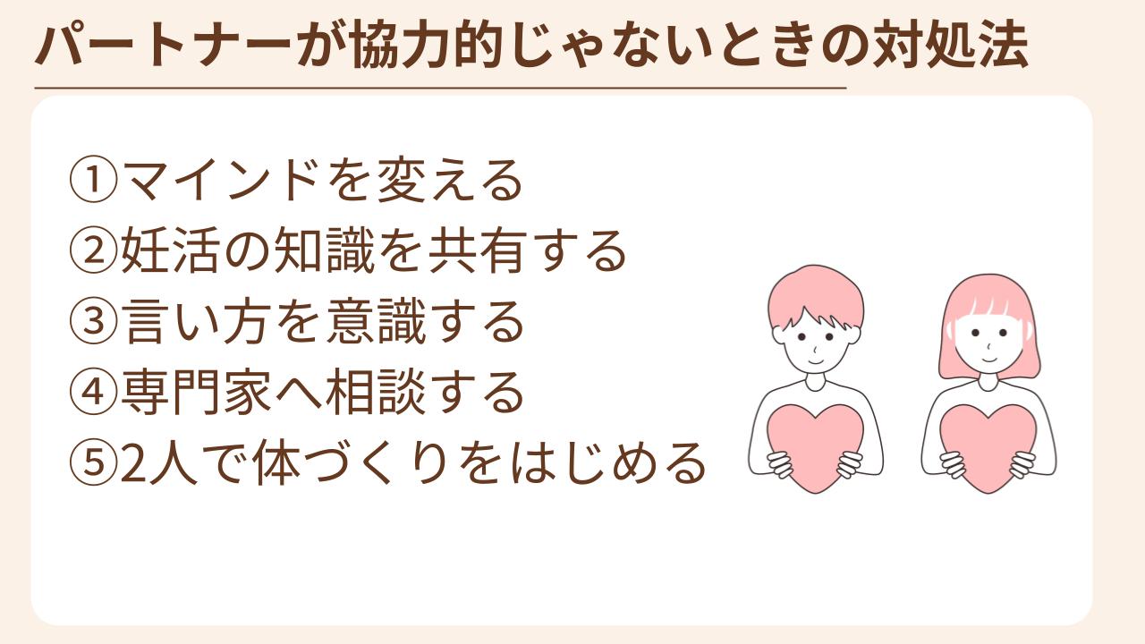 マインドを変える、妊活知識を共有する、言い方を意識する、専門家へ相談する、２人で体づくりをはじめるがある