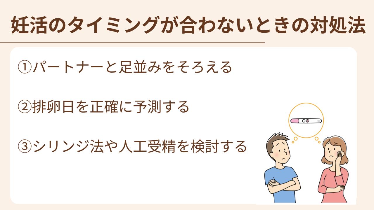 ①パートナーと足並みを揃える②排卵日を正確に予測する③シリンジ法や人工授精を検討するの３つがある