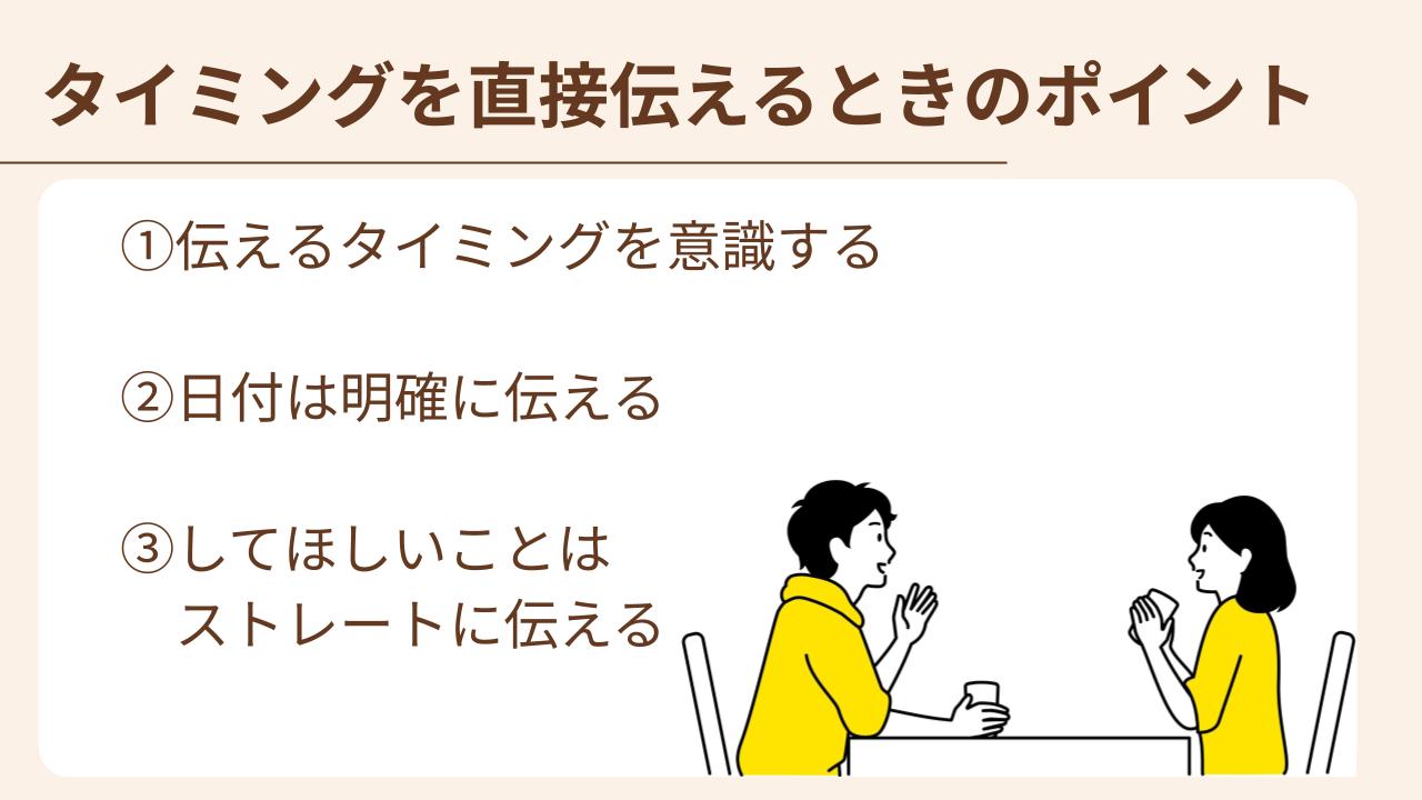 伝えるタイミングを意識する、日付は明確に伝える、してほしいことはストレートに伝える　方法がある