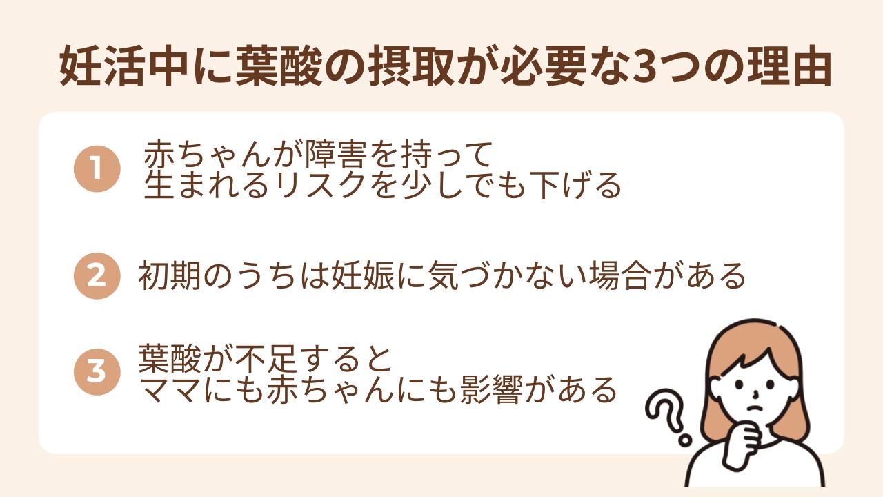 妊活中から葉酸摂取が必要な理由は、赤ちゃんの障害リスクを下げるため