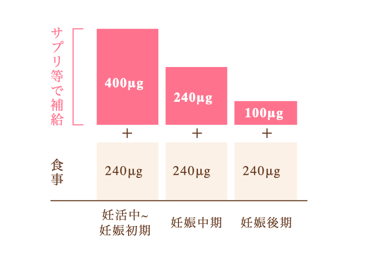 妊活中に必要が葉酸は240mg +400mg。足りない分は、サプリメントで補うのがおすすめ。