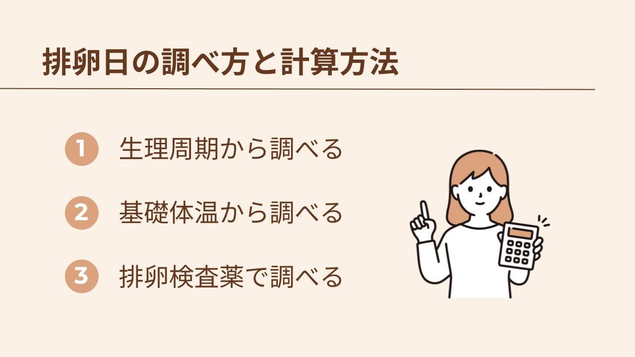 排卵日の計算方法は、生理周期から調べる・基礎体温から調べる・排卵検査薬で調べるの3点です。