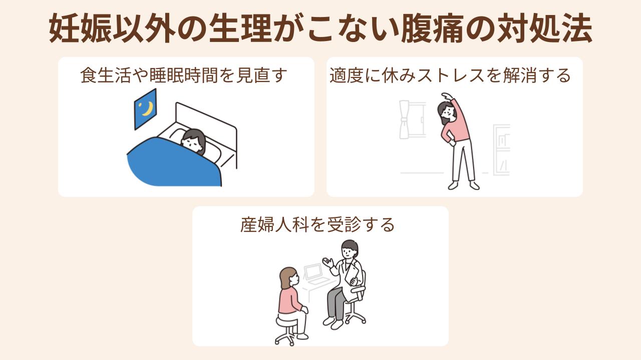 妊娠以外の生理がこない腹痛の対処法として生活習慣の改善や婦人科の受診をおすすめします