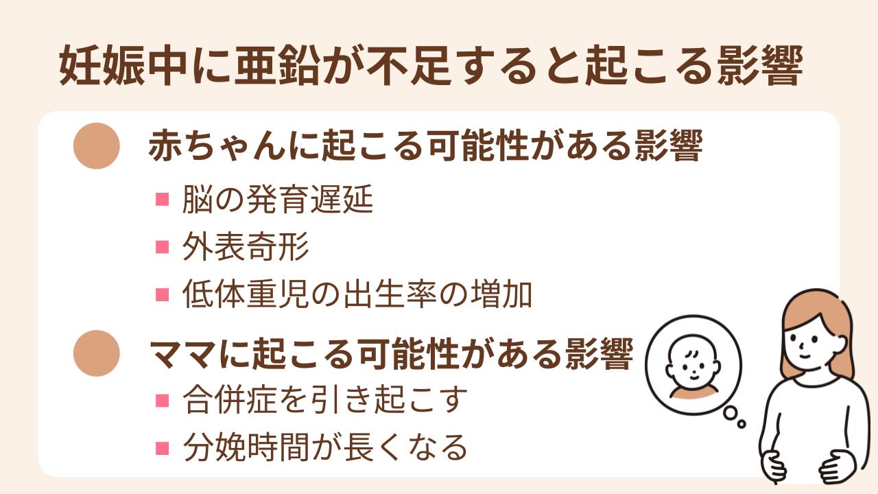 妊娠中に亜鉛が不足すると、赤ちゃんは脳の発育遅延・外表奇形・低体重児の出生率増加、ママは合併症の引き起こし・分娩時間が長くなるリスクがある