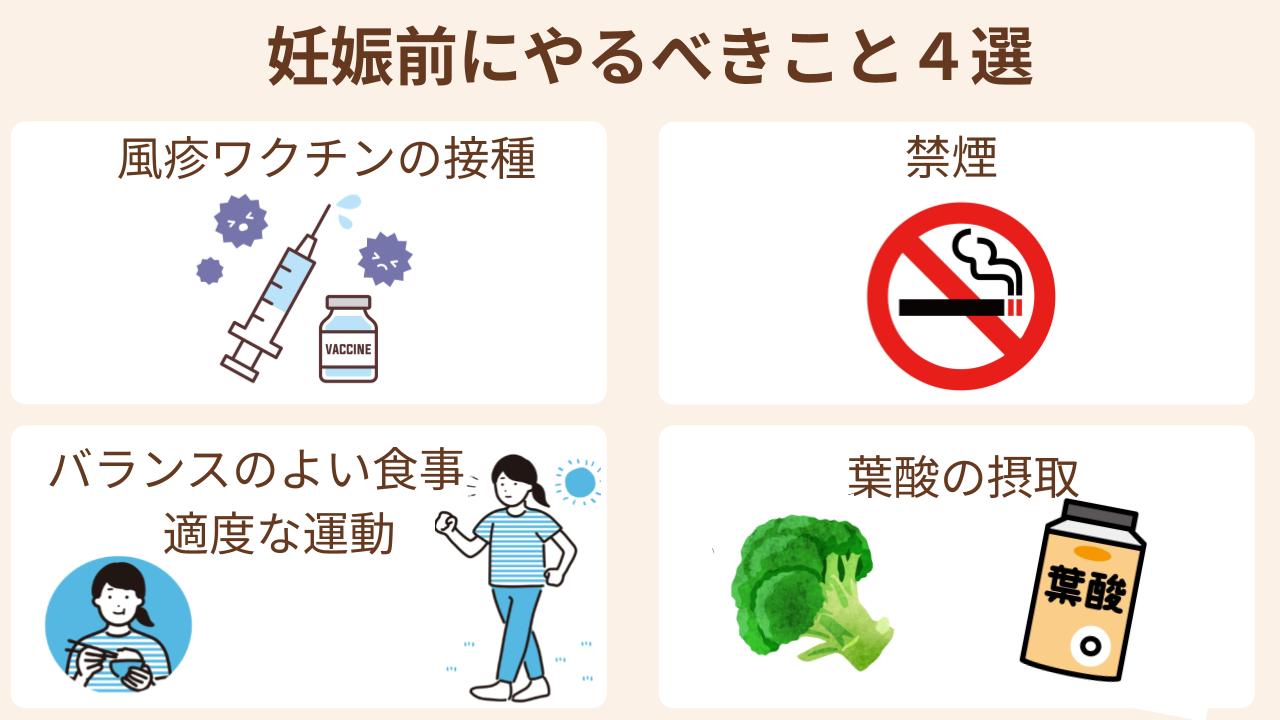 排卵日の把握以外に妊娠前にやるべきことは風疹ワクチンの接種、禁煙、バランスよい食事や適度な運動、葉酸の摂取などがある