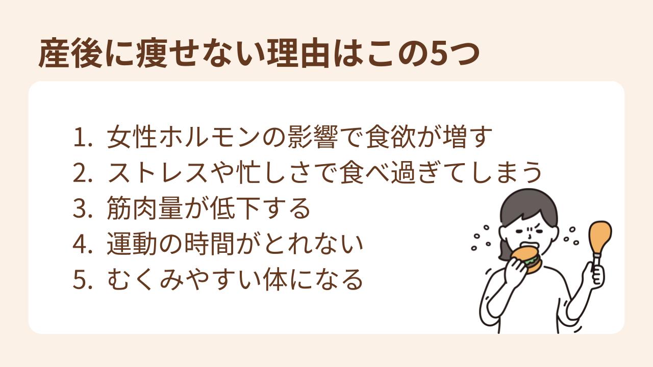 産後は女性ホルモンの影響や生活習慣の変化により痩せにくい