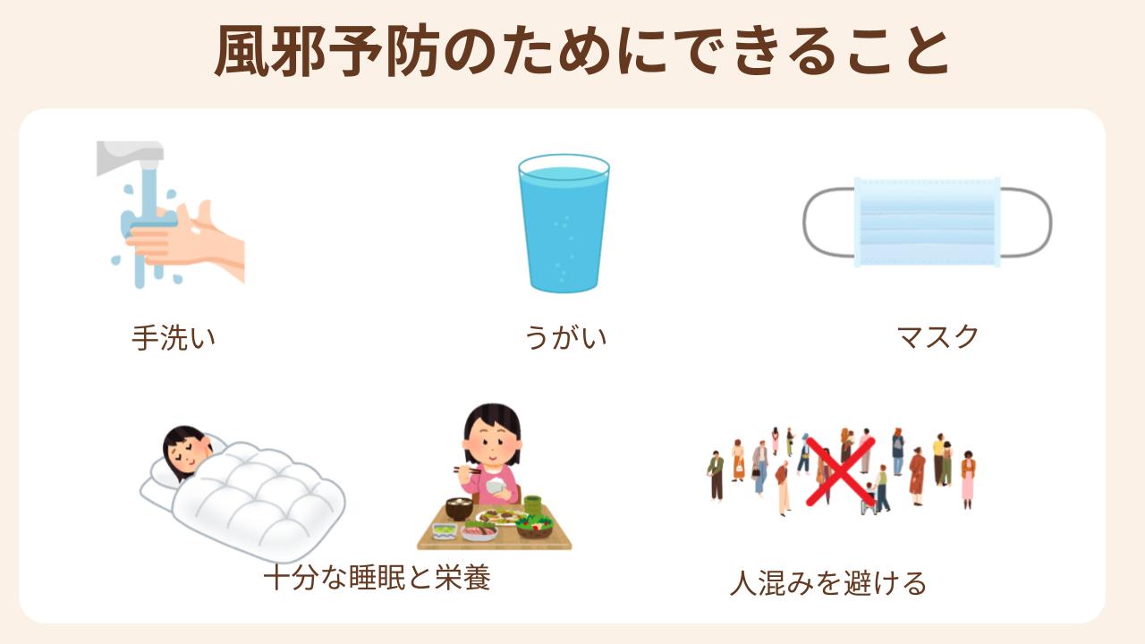 手洗い、うがい、マスク十分な睡眠と栄養、人混みをさける