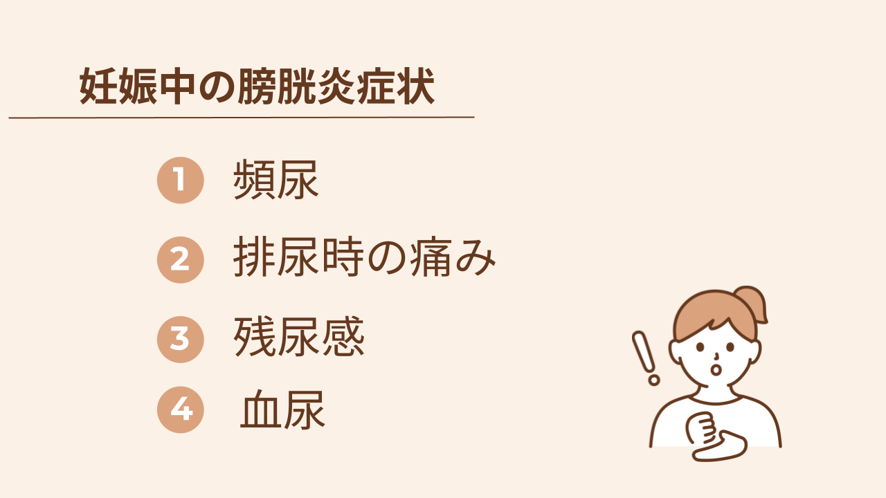 妊娠中の膀胱炎症状は、頻尿・排尿時の痛み・残尿感・血尿です。これらの症状があったら、早めに病院を受診しましょう。また、膀胱炎症状に加えて発熱 があるときは、赤ちゃんとママの命が危険になることがあるので注意しましょう。