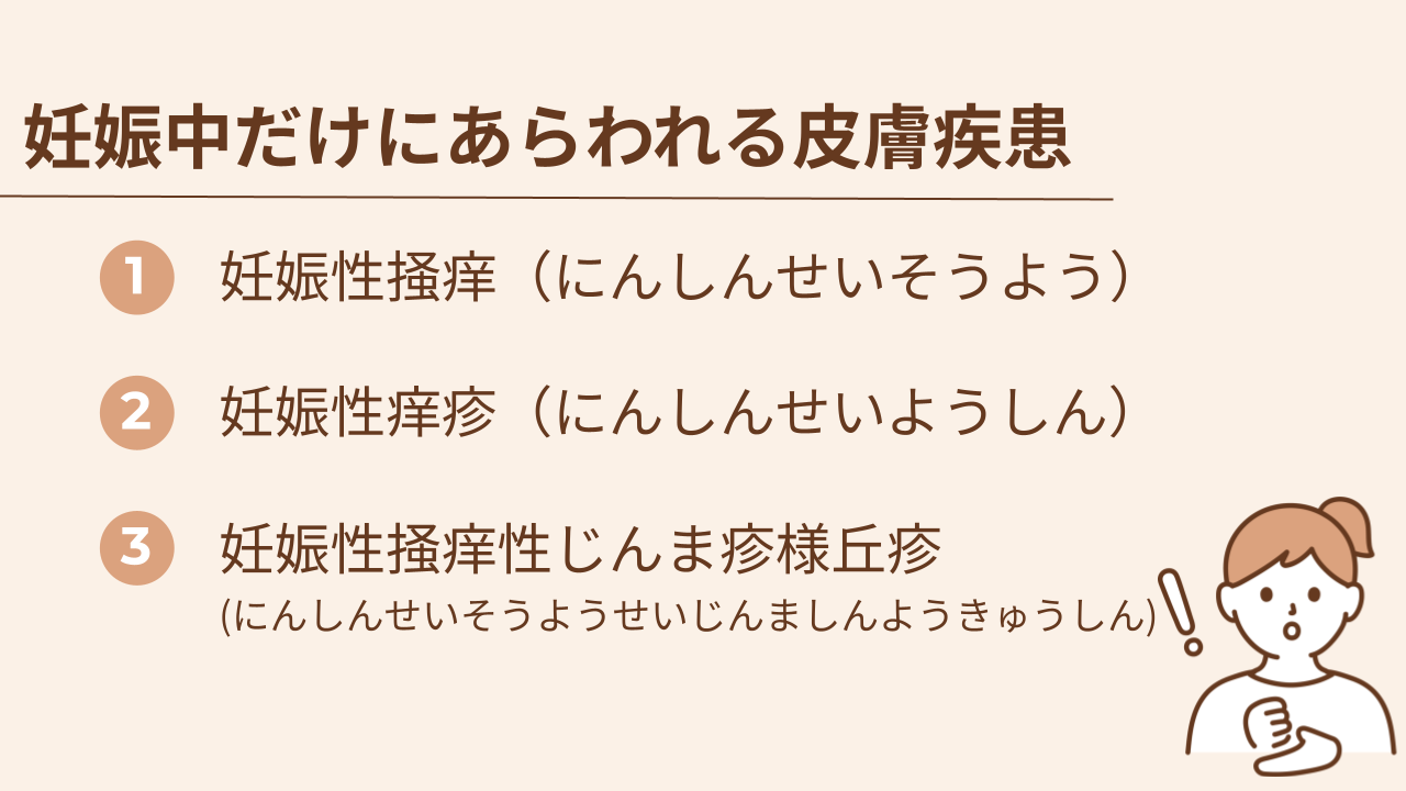 妊娠中だけにあらわれる皮膚疾患には、妊娠性掻痒・妊娠性痒疹・妊娠性掻痒性じんま疹様丘疹の3つがあります。