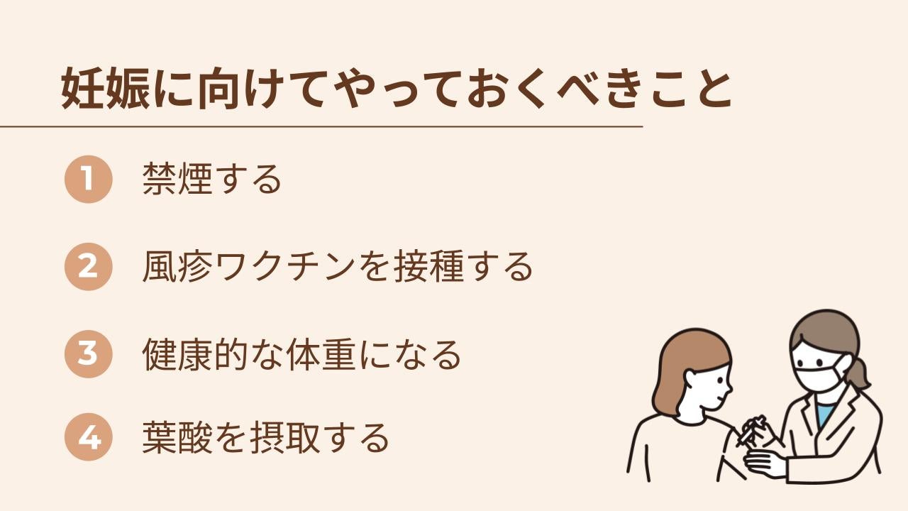 禁煙する、風疹ワクチンを接種する、健康的な体重になる、葉酸を摂取するなどがポイントです。