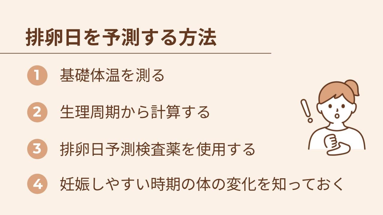 基礎体温を測る、生理周期から計算する、排卵日予測検査薬を使用する、体の変化を知っておくなどの方法があります。